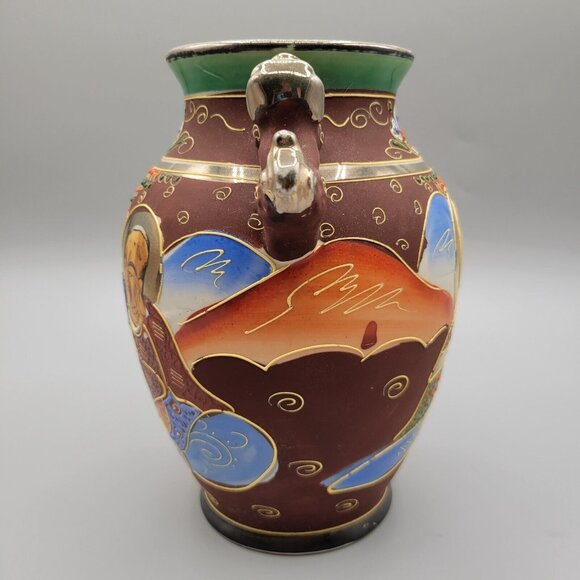 Japanese Mid Century Satsuma Ware Vase Foo Dogs Moriage Relief Hand Painted Gold - Picture 2 of 11